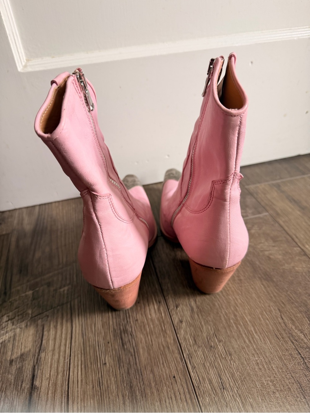 Free People Pink Leather Western Zip Ankle Boots with Metallic Toe - Picture 4 of 5